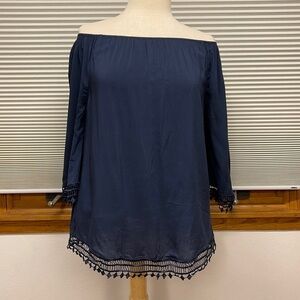 Tart Navy Blue Crocheted Trim Off Shoulder Blouse XS